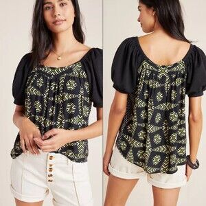 Maeve by Anthropologie Catalina Puff Sleeve Blouse Size XS Geometric Navy Black